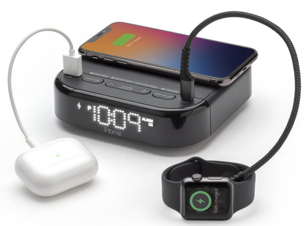 iHome Alarm Clock - HW22 - Pre-set Clock with Qi Wireless Charging, Dual USB Fast Charging, and Single Day Alarm