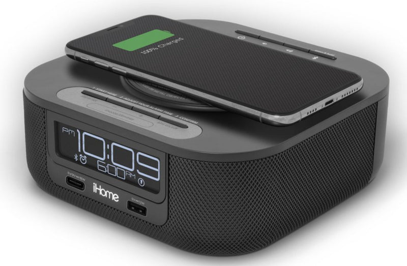 iHome Alarm Clock - HW5 - Qi Wireless Charging Bluetooth Bedside Stereo Speaker Alarm Clock with Single Day Alarm, Dual USB Charging