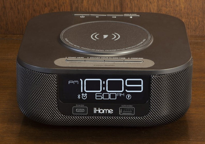 iHome Alarm Clock - HW5 - Qi Wireless Charging Bluetooth Bedside Stereo Speaker Alarm Clock with Single Day Alarm, Dual USB Charging