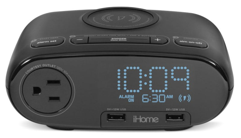 iHome Alarm Clock - HW6 - Preset Bedside Clock with Single Day Alarm, Qi Wireless Charging, AC Outlet, and Dual USB Quick Charging