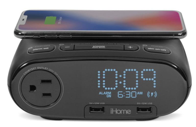 iHome Alarm Clock - HW6 - Preset Bedside Clock with Single Day Alarm, Qi Wireless Charging, AC Outlet, and Dual USB Quick Charging